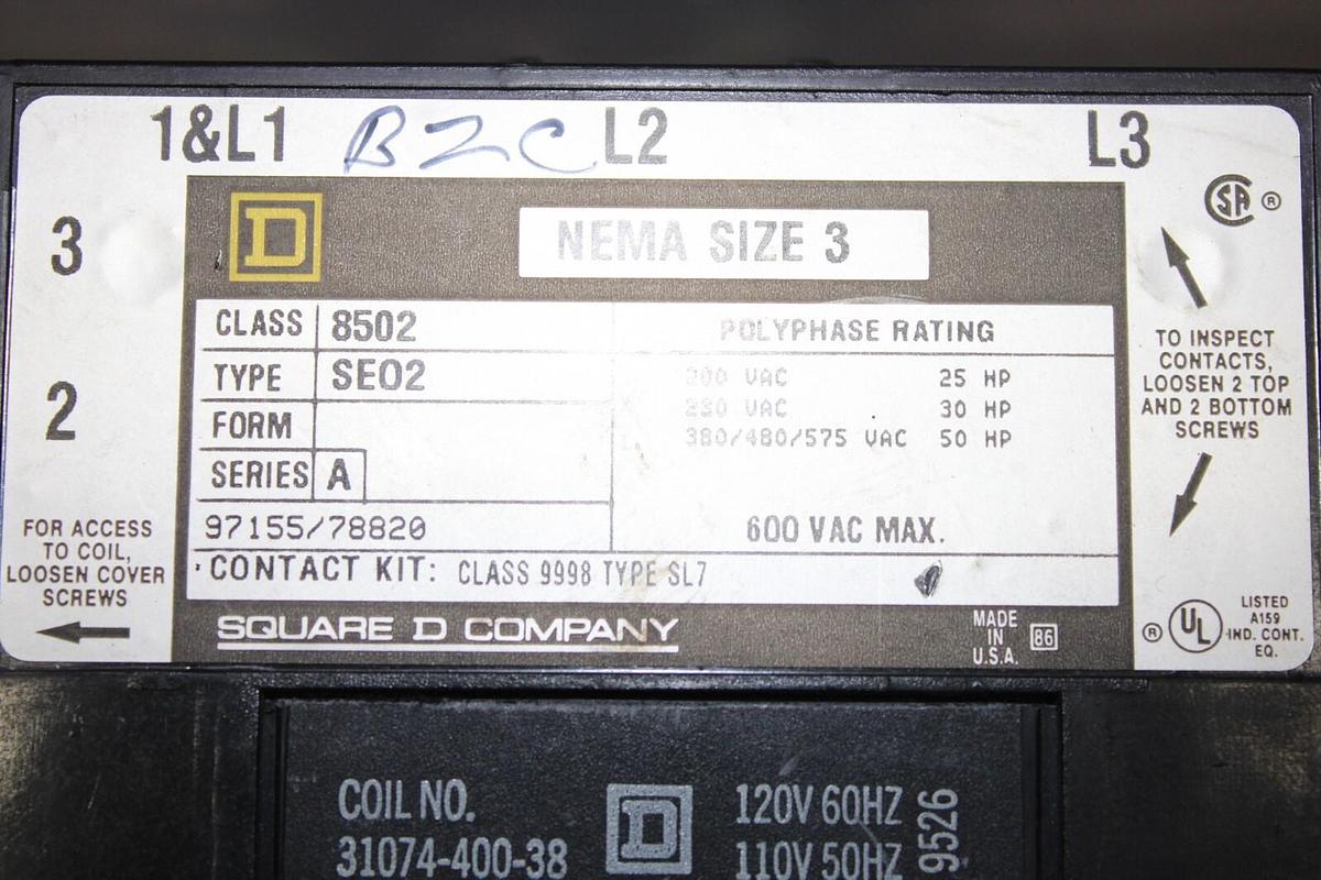 Used SQUARE D CONTACTOR 8502SEO2 NEMA SIZE 3 90 AMP 50 HP 600V 3-PHASE