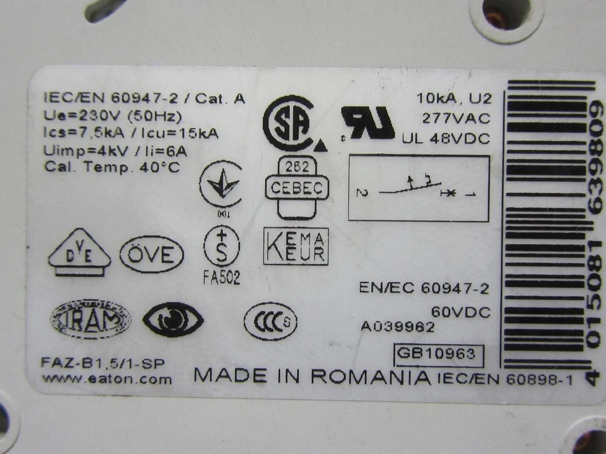 Used EATON SINGLE POLE BREAKER FAZ-B1,5/1-SP 6 AMP 277 VAC **WARRANTY INCLUDED**