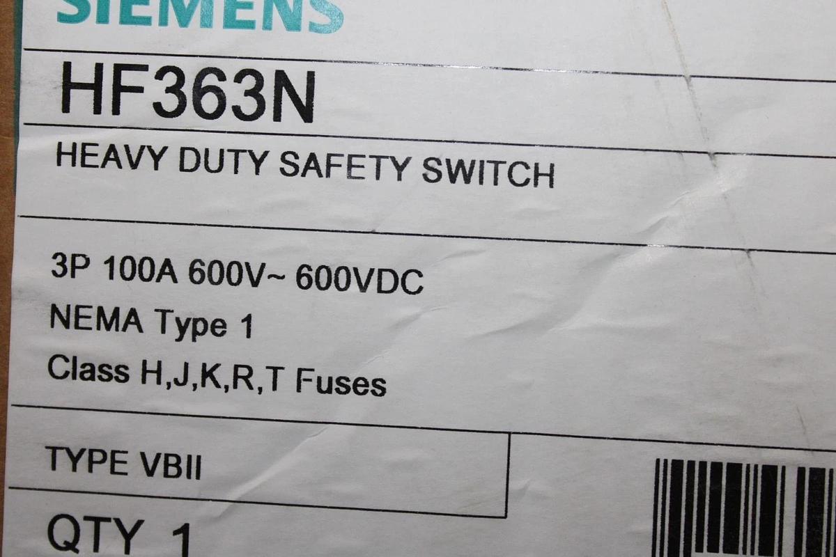 NIB SIEMENS HEAVY DUTY SAFETY SWITCH HF363N 100 AMP 3-POLE 600 VOLT TYPE 1
