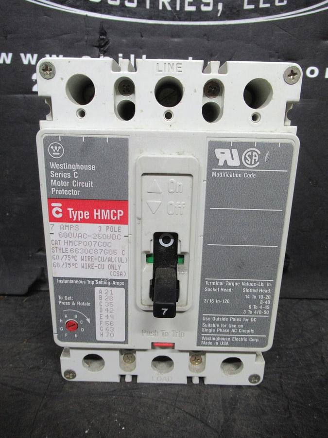 Used CUTLER HAMMER BREAKER HMCP007COC 7 AMP 3-POLE 600 VAC 250 VDC W/ LUGS