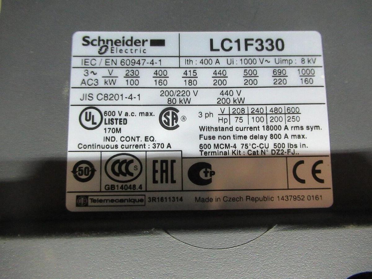 Used SCHNEIDER ELECTRIC CONTACTOR LC1F330 600 VAC 250 HP 400 AMP 3-PHASE 3-POLE