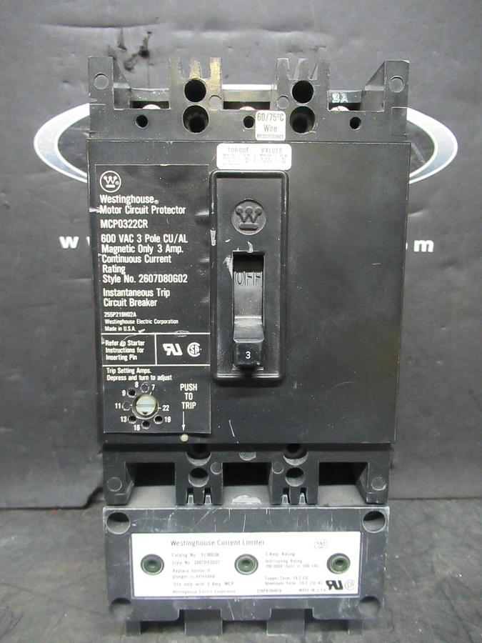 Used WESTINGHOUSE MOTOR CIRCUIT PROTECTOR MCP0322CR 3 AMP 600 VAC 3-POLE