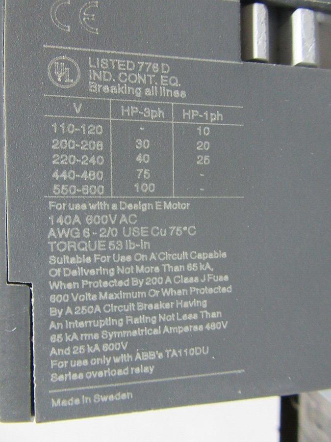Used YORK CONTACTOR 024-31110-000 140 AMP 600 VAC 100 HP 600 VAC 3-POLE 3-PHASE