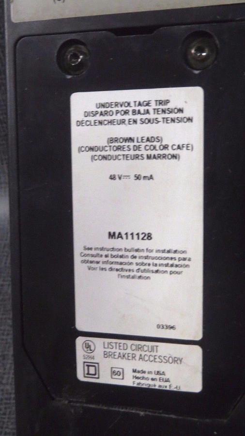 Used SQUARE D CIRCUIT BREAKER 450 AMP 600 V WITH UNDERVOLTAGE TRIP # MHL3645025DC1679