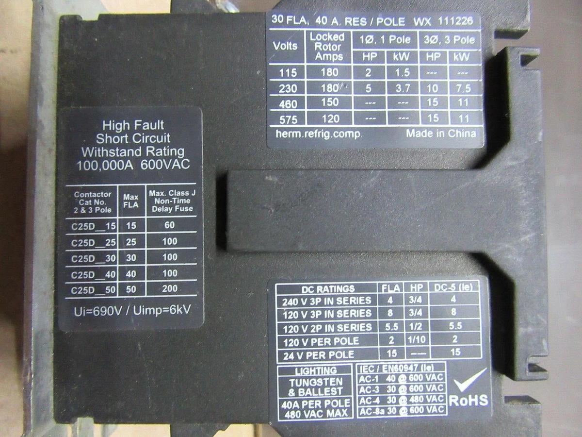 Used EATON CONTACTOR C25DNF330 30 AMP 600 VAC 3-POLE 3-PHASE COIL: 110/120 VOLT