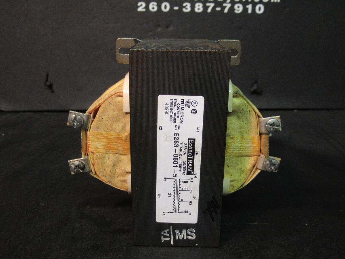 Used 0.263 KVA (263 VA) MICRON CONTROL TRANSFORMER 480/400/48 V TO 21 VAC E263-0601-5