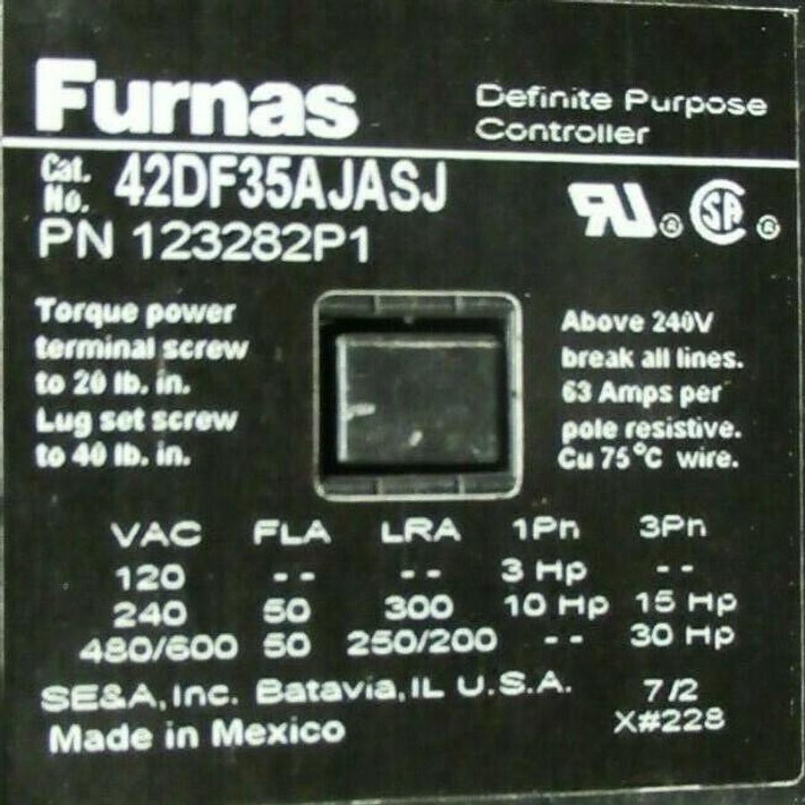 Used FURNAS 50 AMP CONTACTOR 42DF35AJASJ / 123282P1  600 VAC COIL: 24 VOLT 30 HP