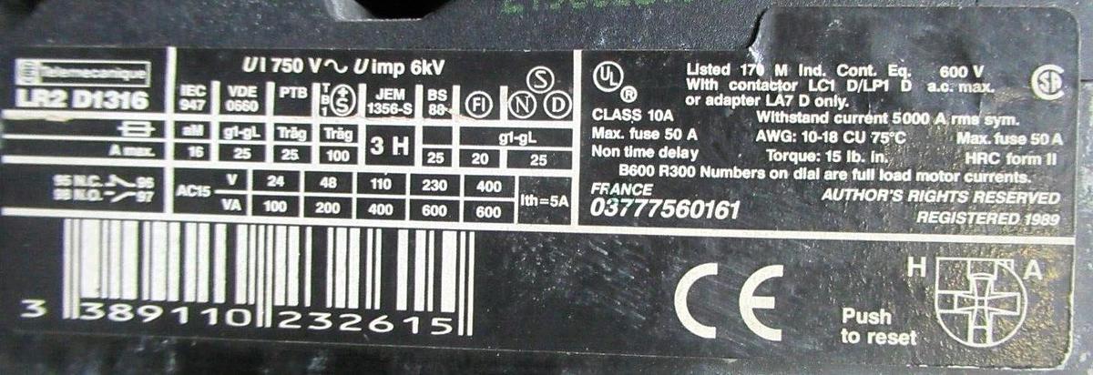 Used TELEMECANIQUE STARTER LC1D12106 W/ OVERLOAD RELAY LR2-D1316 25 AMP 600 VAC 10 HP