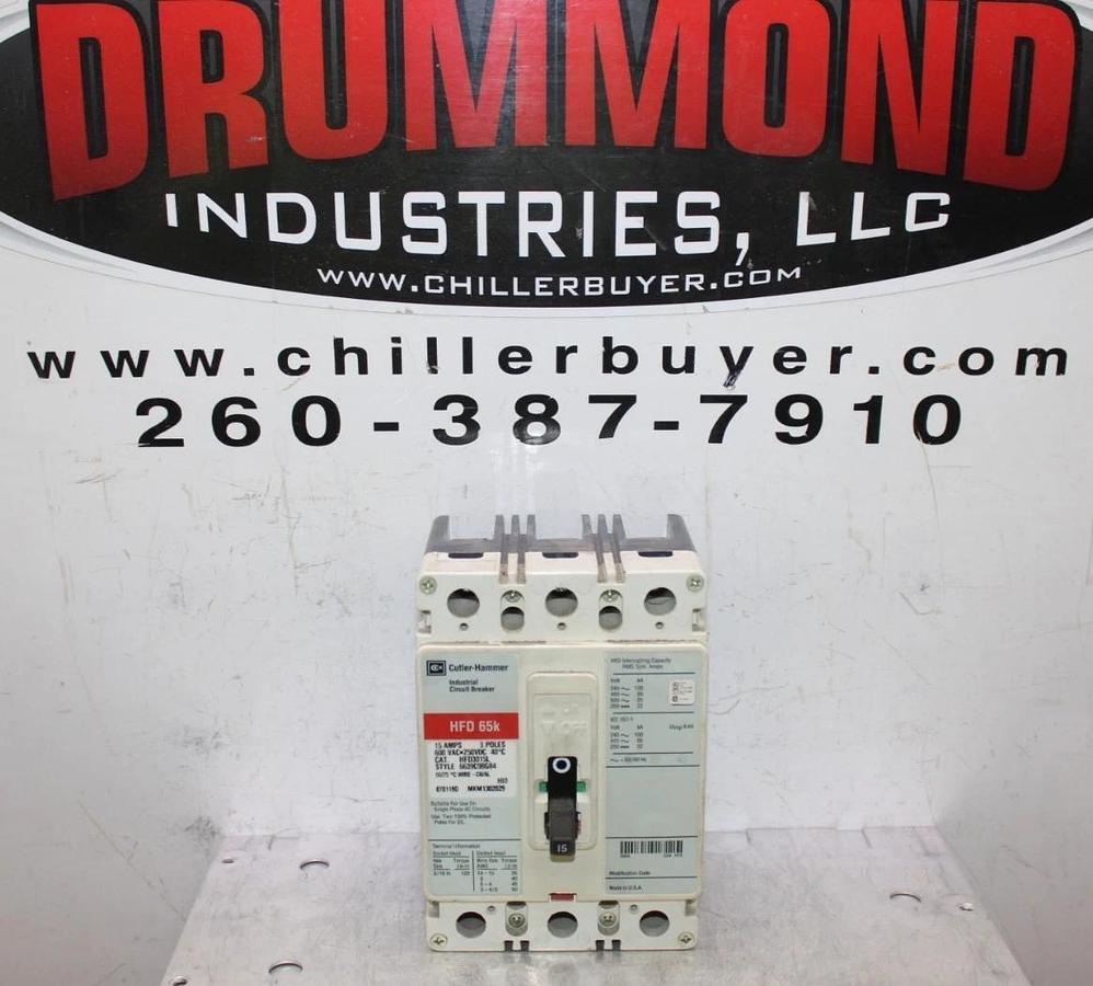 Used CUTLER-HAMMER CIRCUIT BREAKER HFD3015L 15 AMP 600 VAC 3-POLE