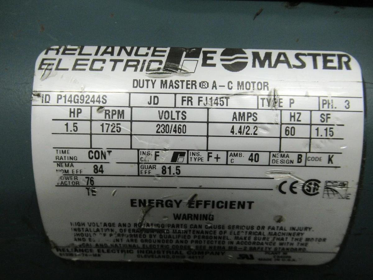 Used 1.5 HP RELAINCE ELEC MOTOR 1725 RPM 230 / 460 VP14G9244S  FJ14T FRAME  TEFC