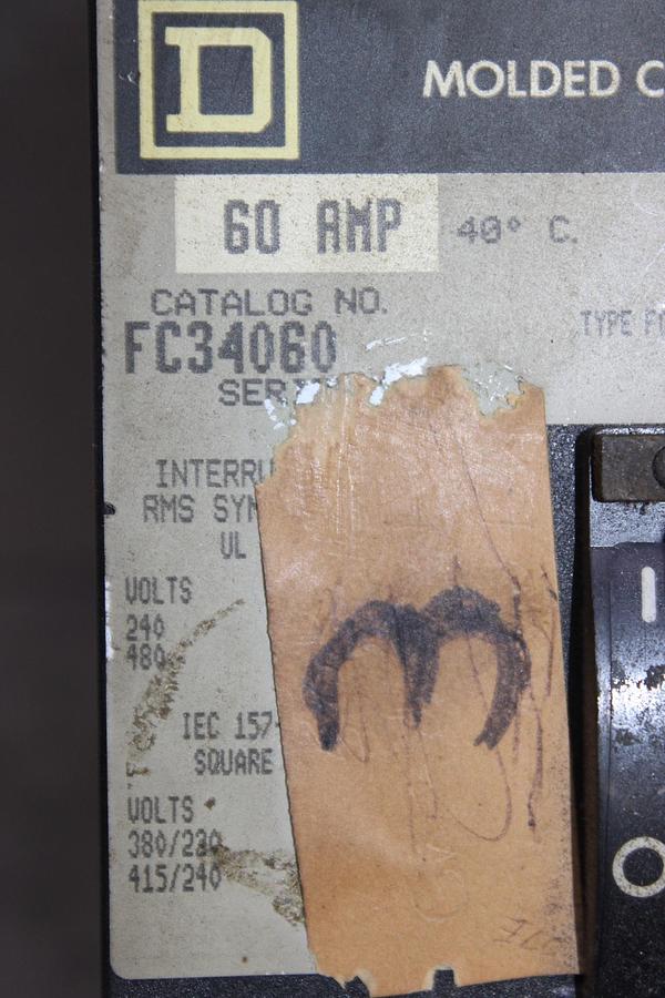 Used SQUARE D I-LINE CIRCUIT BREAKER FH36060 60 AMP 600 VOLT 3-POLE
