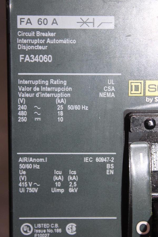 Used SQUARE D I-LINE CIRCUIT BREAKER FC34060 60 AMP 480 VOLT 3-POLE