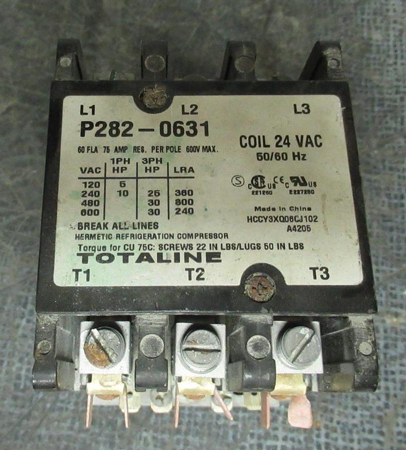 Used TOTALINE CONTACTOR P282-0631 600V 60A 30HP COIL: 24V *WARRANTY INCLUDED*