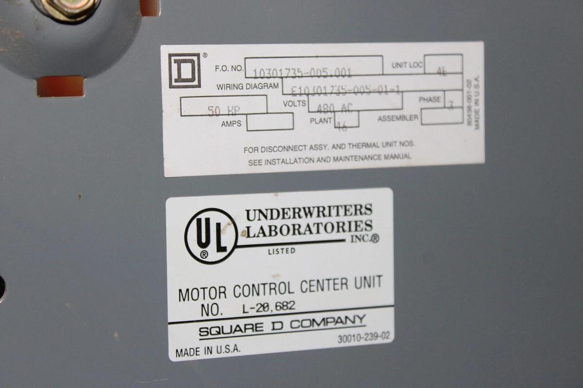 Used SQUARE D MCC STARTER BUCKET MODEL 5 45" SIZE 3 10301735-005.001 *NO DOOR*