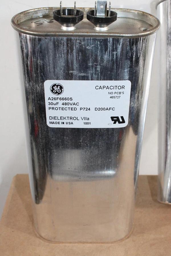 Used LOT OF 2 GE NON-PCB CAPACITOR A26F6660S 30 uF 480 VAC DIELEKTROL VII