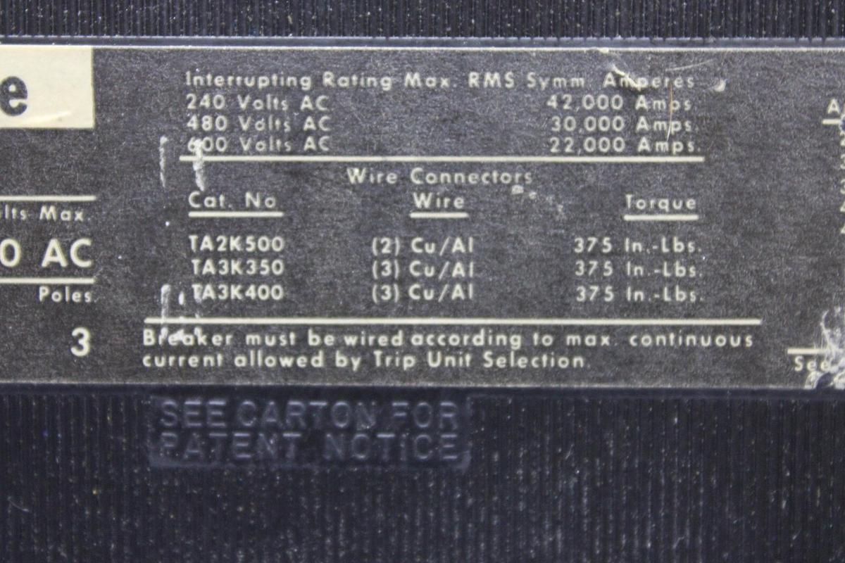 Used CUTLER HAMMER CIRCUIT BREAKER KDB3300W 300 AMP 600 VAC 3-POLE