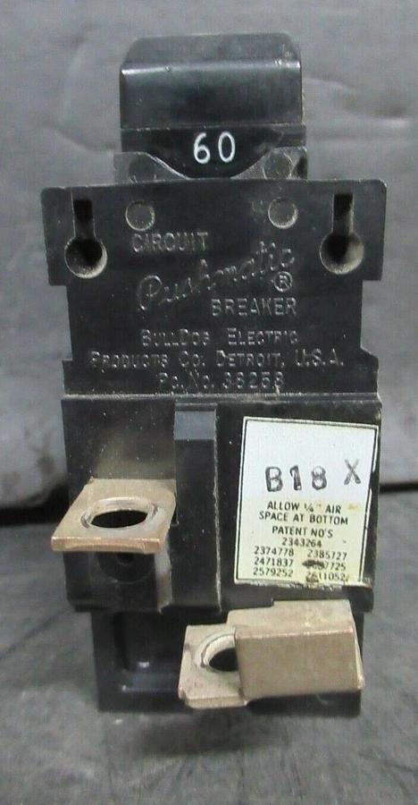 Used BULLDOG ELECTRIC / PUSHMATIC HACR BREAKER P-260 36258 60 AMP 240 VAC 2-POLE