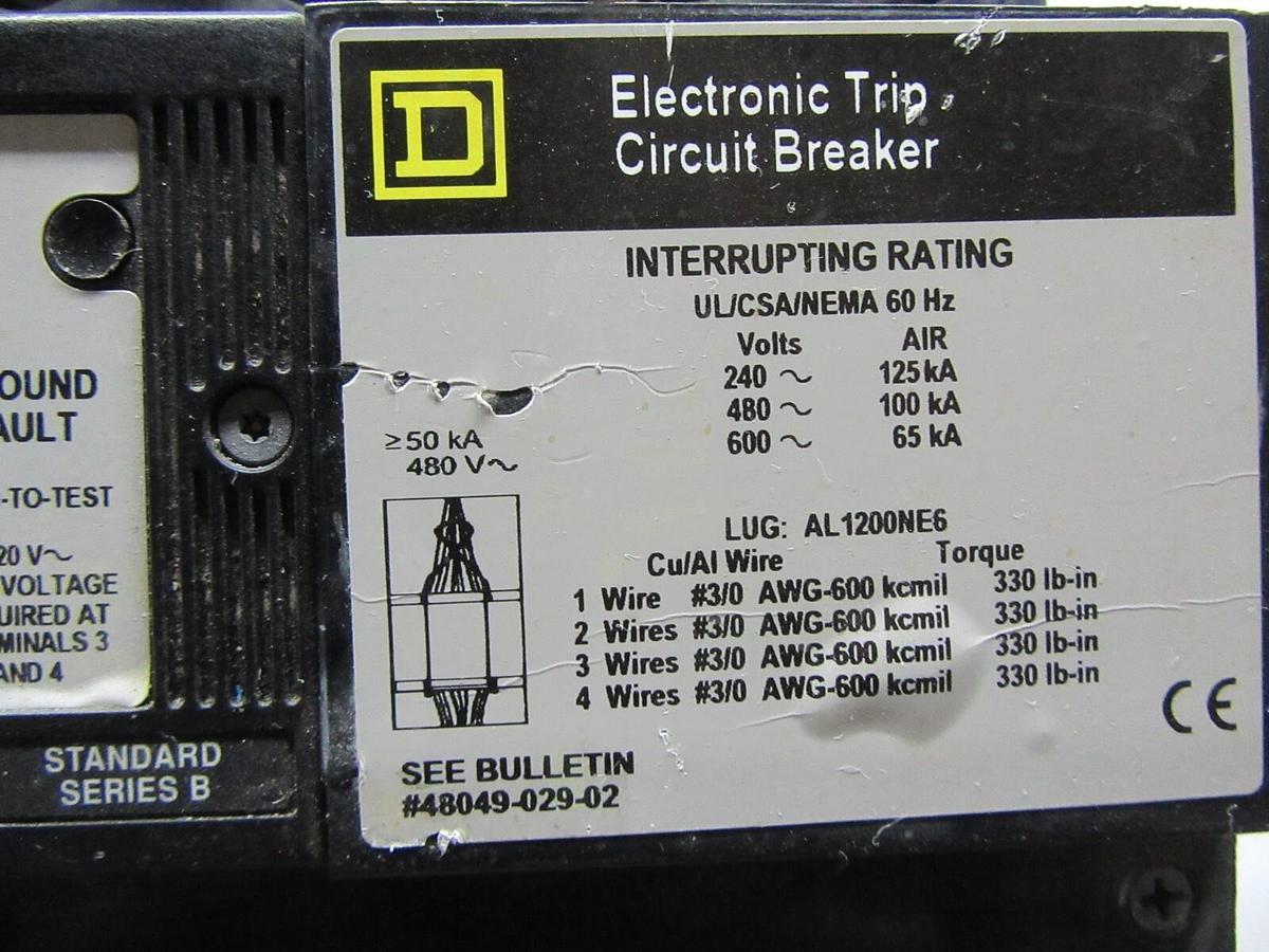 Used SQUARE D CIRCUIT BREAKER NXP361200GMT 1200 AMP 600V W/ ARP100 AND GROUND FAULT