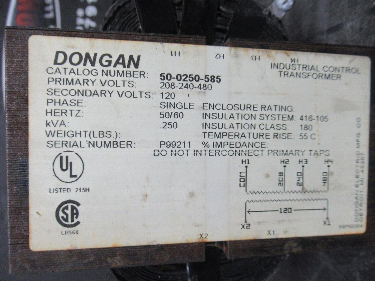 Used DONGAN TRANSFORMER 50-0250-585 0.25 KVA PRI: 208-480 VOLT SEC: 120 VOLT