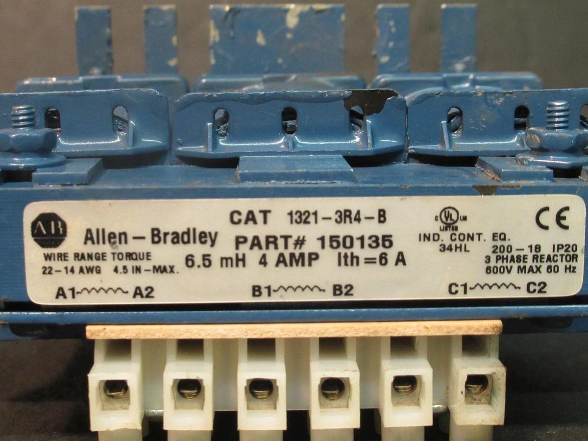 Used ALLEN BRADLEY 3 PHASE REACTOR CAT# 1321-3R4-B P/N: 150135 6.5 mH 4 A 600 V MAX
