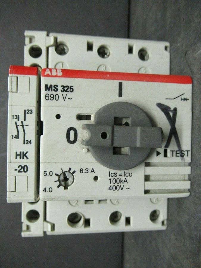 Used ABB MANUAL MOTOR START MS325 3 - 5 HP @ 480 V 4 - 6.3 AMP 600 VAC W/ AUXILIARY