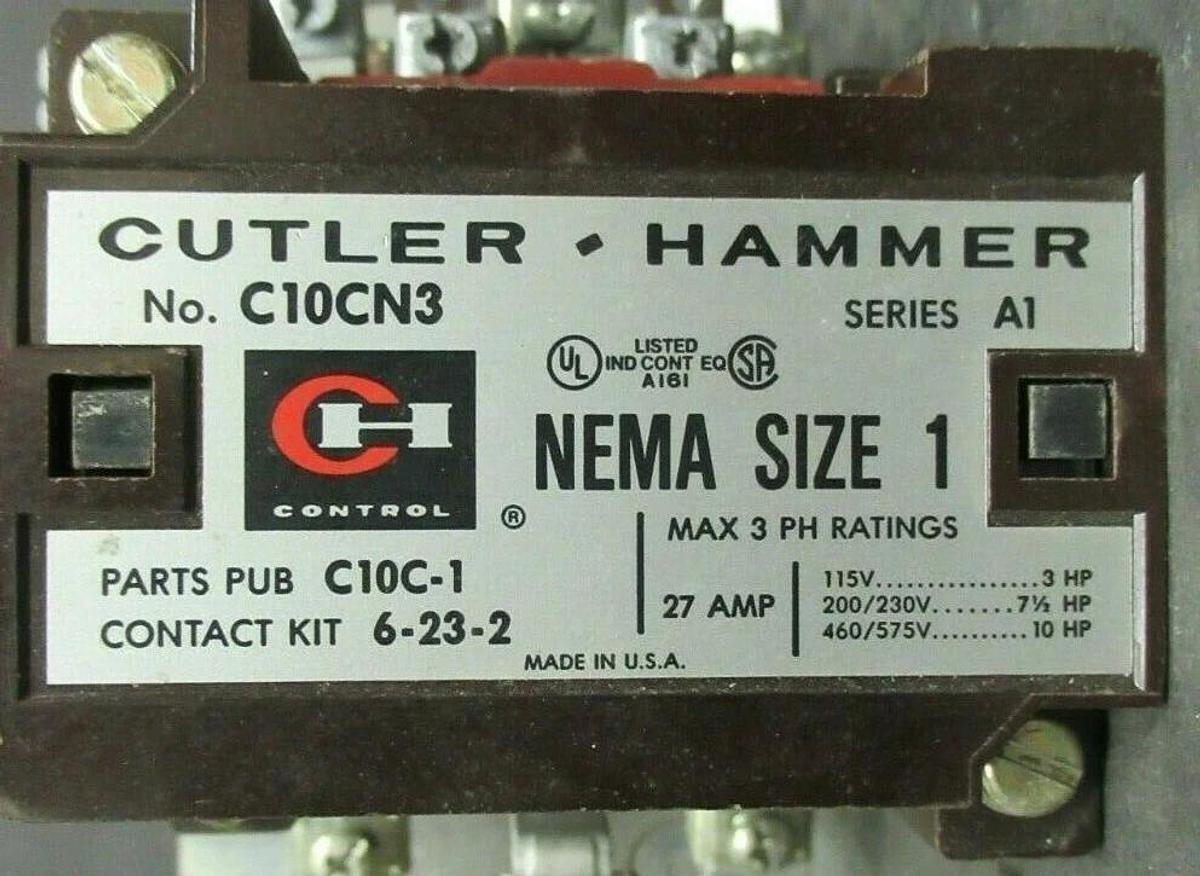 Used CUTLER HAMMER CONTACTOR C10CN3 SER. A1 27 AMP 600 VAC 10 HP 120 VAC COIL