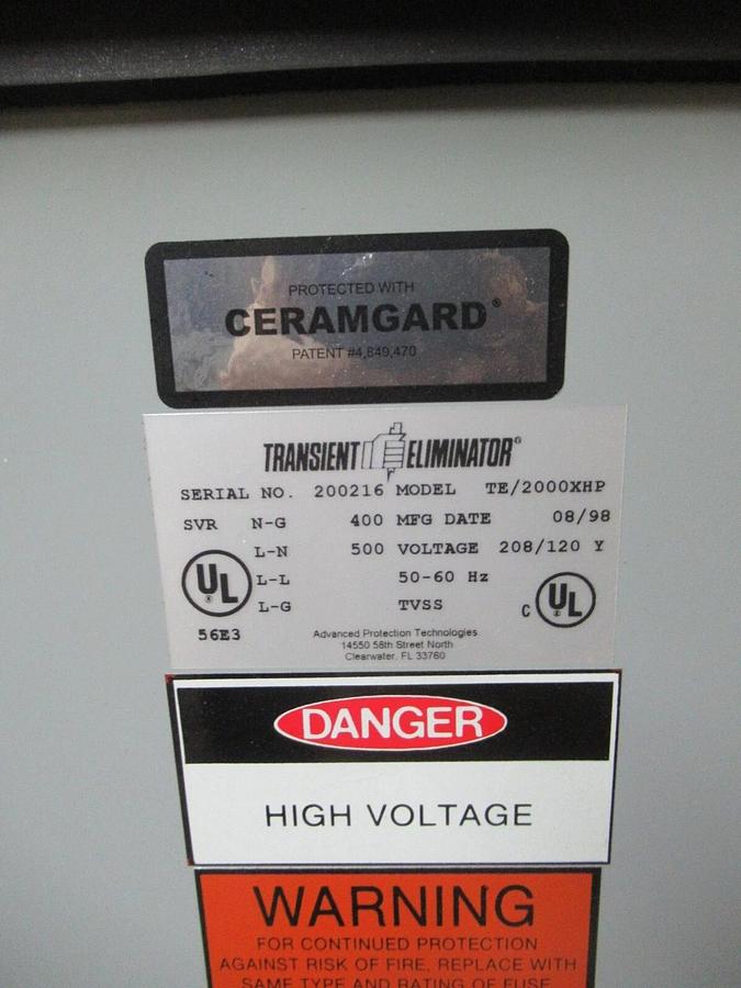 Used ADVANCED PROTECTION TECHNOLOGIES ASCO TRANSIENT ELIMINATOR TE/2000XHP 208/120 Y