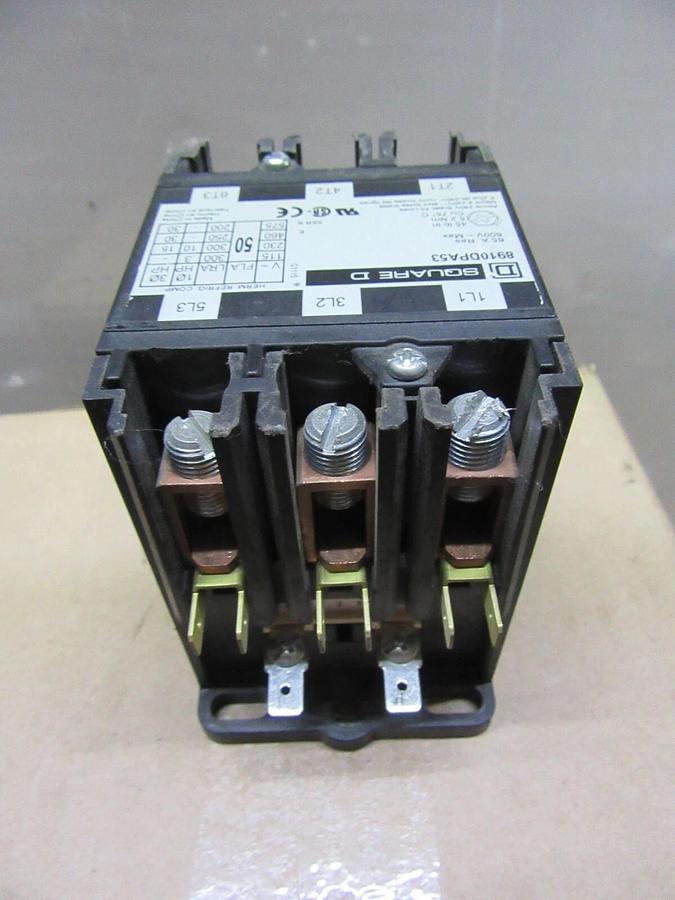 Used SQUARE D CONTACTOR 8910DPA53 50 AMP 600 VAC 30 HP 3-POLE 3-PHASE COIL: 24 VOLT