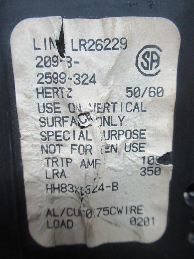 Used AIRPAX 92 AMP 105 TRIP CIRCUIT BREAKER LR26229 240 V HH83XB324-B 209-3-2599-324