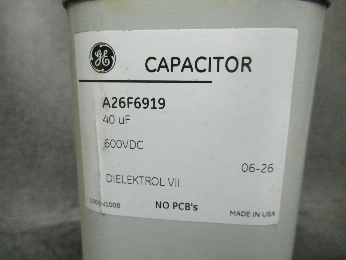 Used GENERAL ELECTRIC DIELEKTROL VII CAPACITOR A26F6919 40 uF 600 VDC