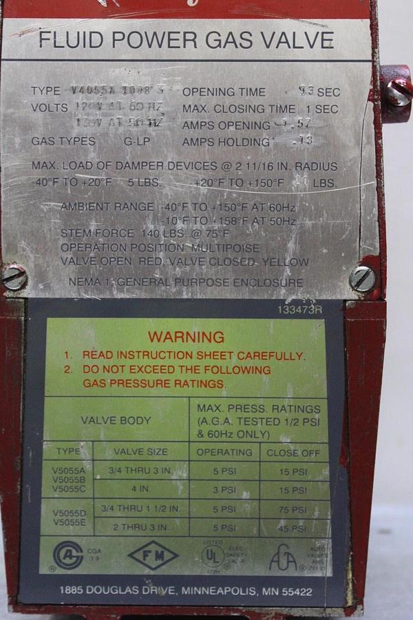 Used HONEYWELL ACTUATOR FLUID POWER GAS VALVE V4055-1098-3 110/120 VOLT 1.57 AMP