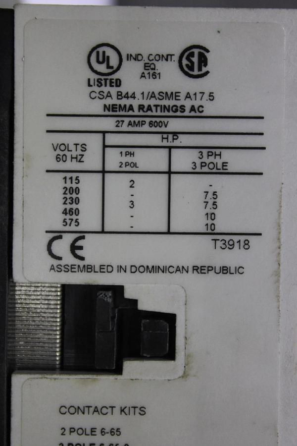 Used EATON CONTACTOR CN15DN3 NEMA SIZE 1 27 AMP 600 VAC 3-POLE 3-PHASE 10 HP