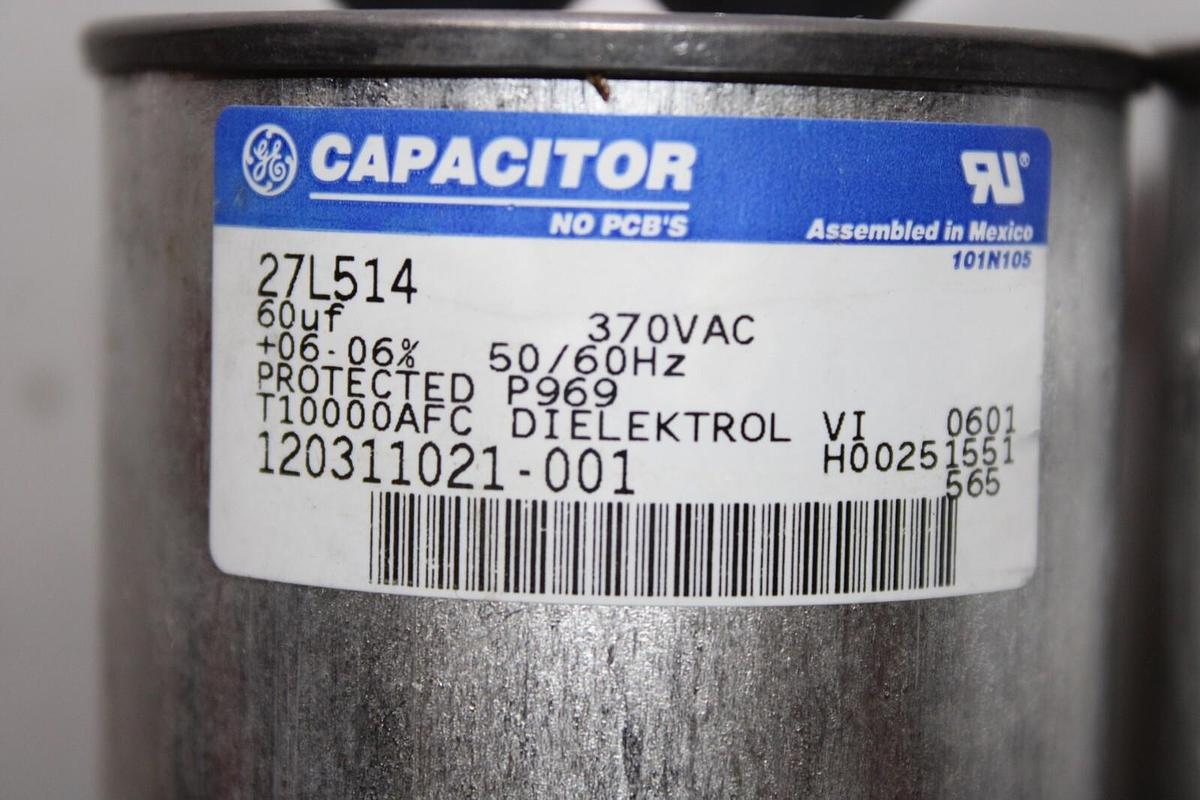 Used LOT OF 2 GE DIELEKTROL VI CAPACITOR 27L514 120311021-001 370 VAC 60 uF ± 6%