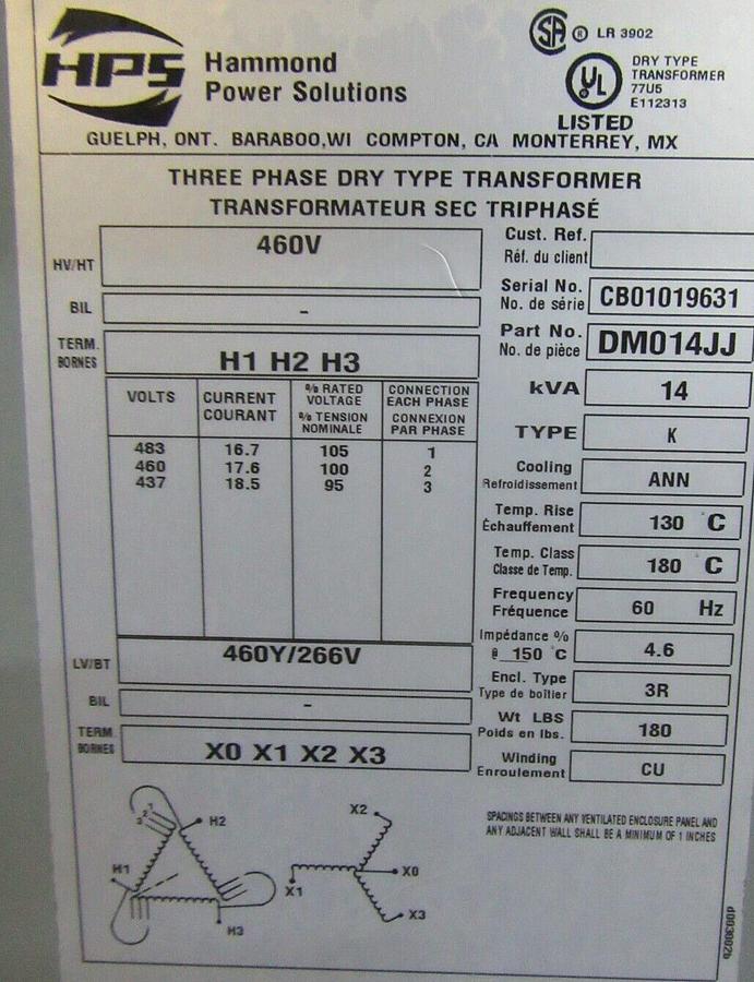 Used HAMMOND TRANSFORMER DM014JJ 14 KVA PRI: 460V SEC: 266V NEMA 3R