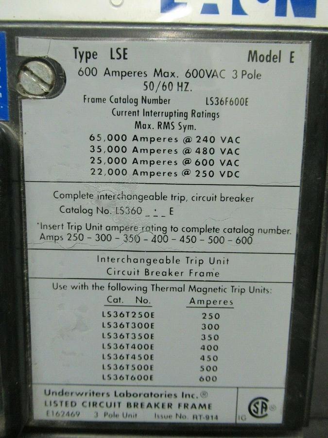 Used CUTLER HAMMER CIRCUIT BREAKER LS36F600E 400 AMP 600 VAC 3-POLE LSE
