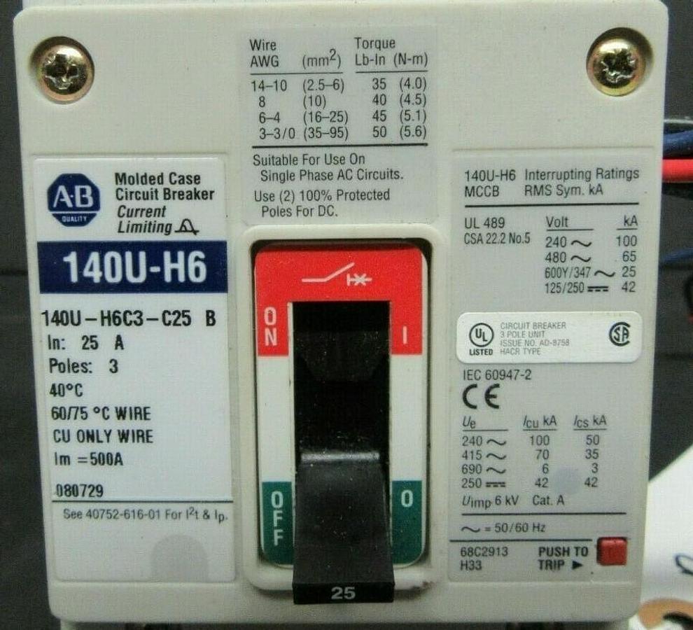 Used 25 AMP ALLEN BRADLEY BREAKER 140U-H6C3-C25 3 POLE 600 VAC **WARRANTY INCLUDED**