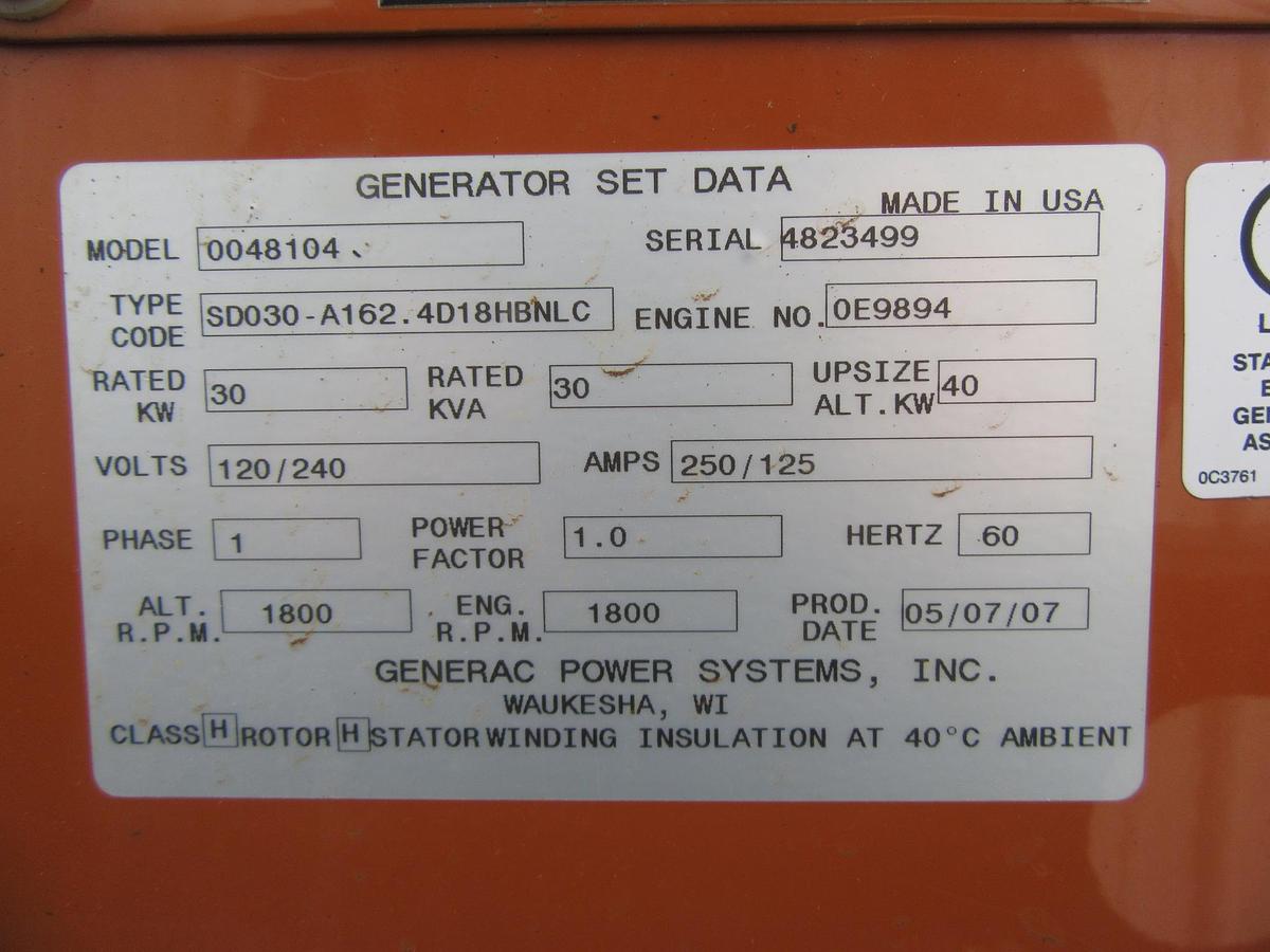 Used 30 KW DIESEL GENERATOR GENERAC 120/240 VOLT SINGLE PHASE 569 HOURS VIDEO WE SHIP