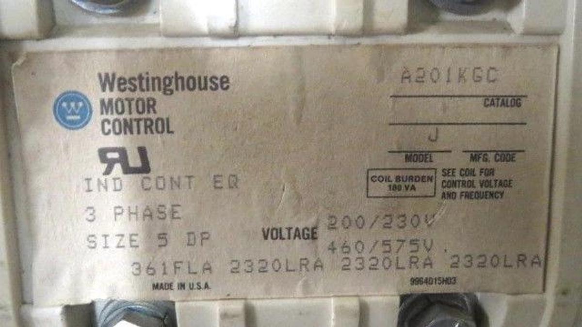 Used WESTINGHOUSE CONTACTOR SIZE 5 DP 361 FLA 2320 LRA 3 PHASE MODEL A201KGC
