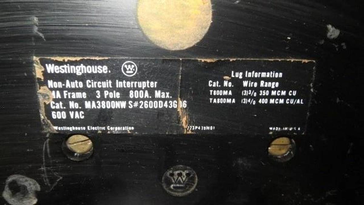 Used WESTINGHOUSE MA FRAME BREAKER 800 AMP 600 VAC 3 POLE MODEL MA3800NW **WARRANTY**