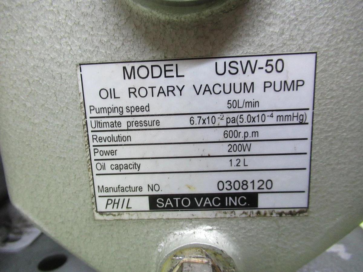 Used PHIL / SATO VAC VACUUM PUMP USW-50 0308120 50L/MIN 600 RPM 200 WATT W/ MOTOR