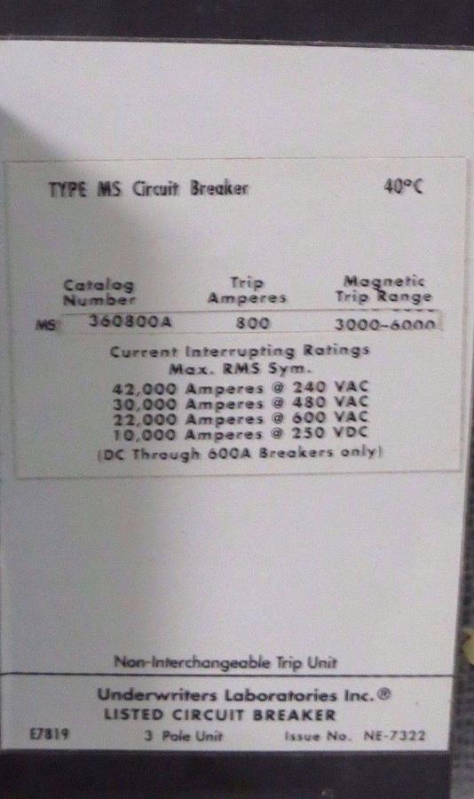 Used 800 AMP CUTLER HAMMER BREAKER MS360800A 600V W/ 120 VAC SHUNT TRIP **WARRANTY!**