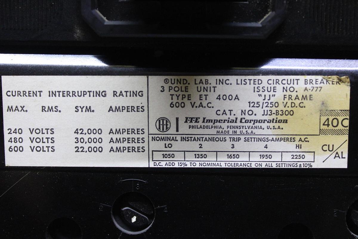 Used ITE CIRCUIT BREAKER FJ3-B125 125 AMP 600 VAC 3-POLE