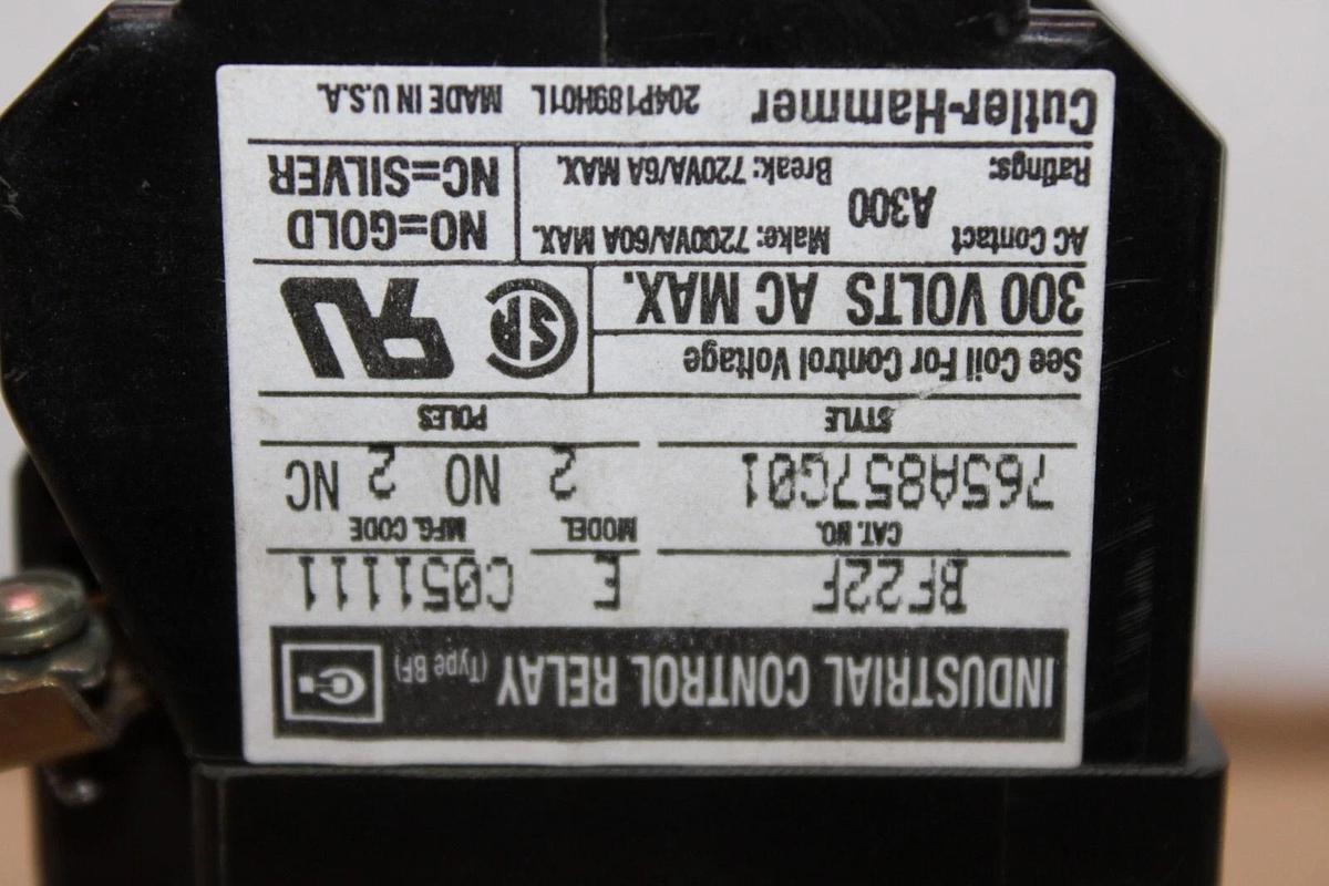 Used CUTLER-HAMMER INDUSTRIAL CONTROL RELAY BF22F 600 VOLT 10 AMP COIL: 120 V