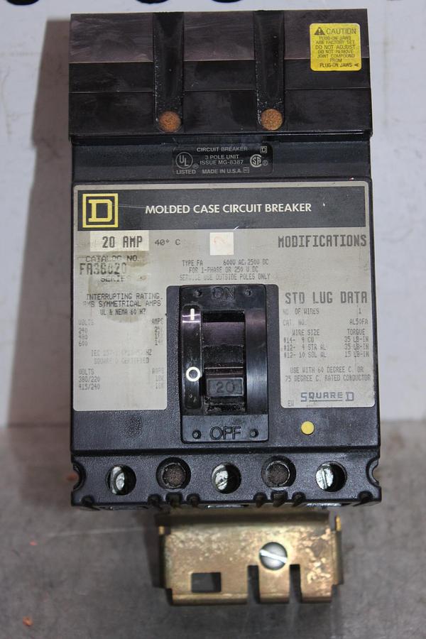 Used SQUARE D I-LINE CIRCUIT BREAKER FH36020 20 AMP 600 VOLT 3-POLE