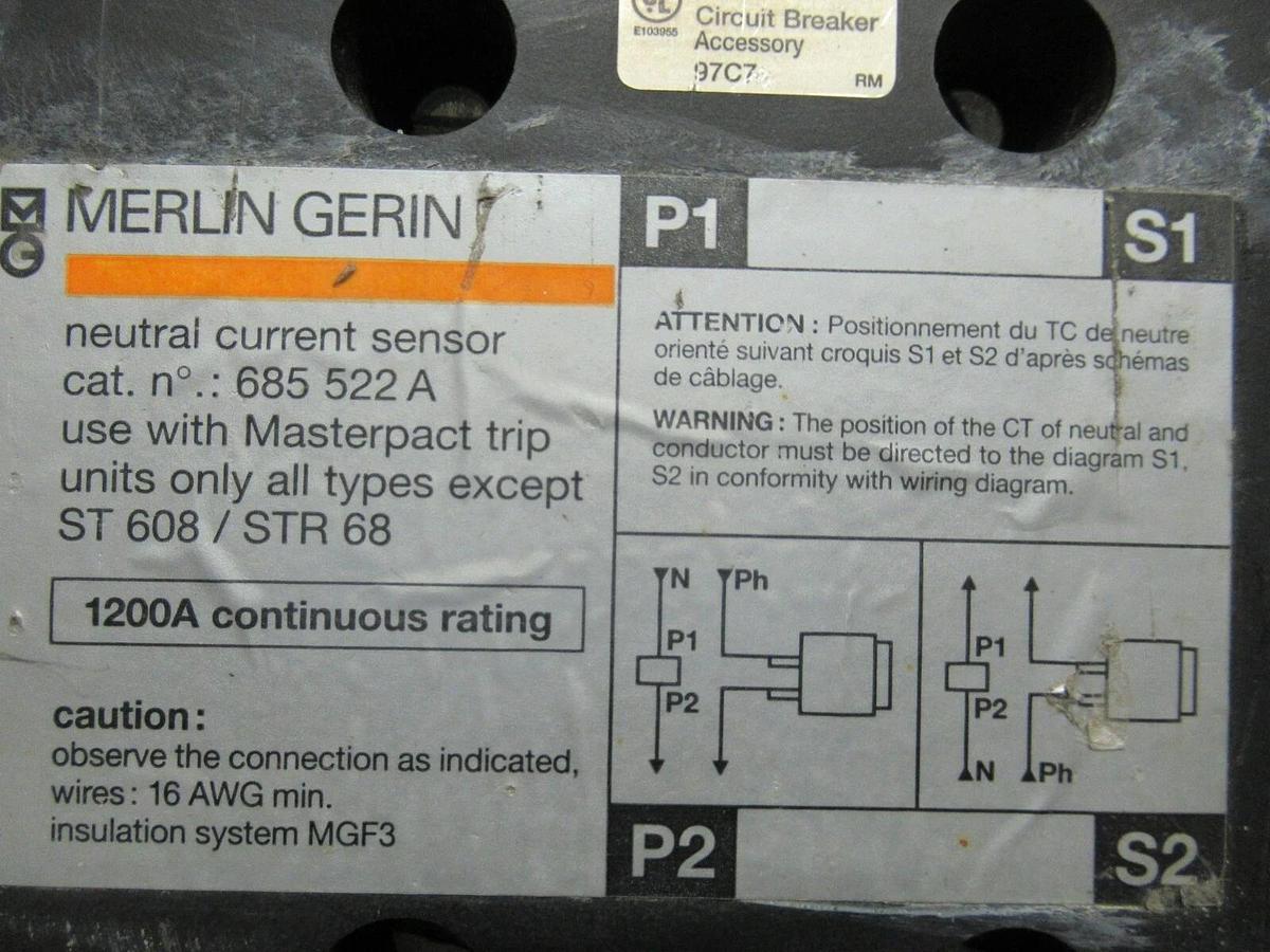 Used MERLIN GERIN NEUTRAL CURRENT SENSOR CT 685 522 A MASTERPACT TRIP 1200 A 685522A