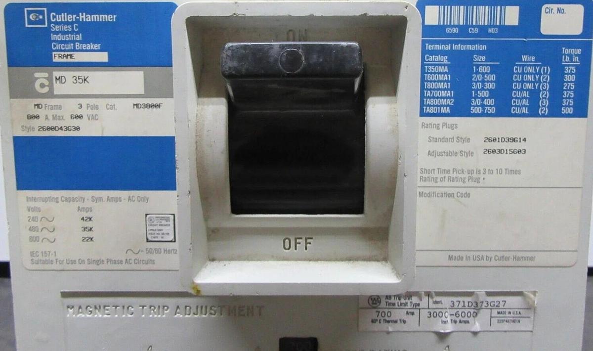Used CUTLER-HAMMER CIRCUIT BREAKER MD3800F 800 AMP 3-POLE 600 VAC MD-35K