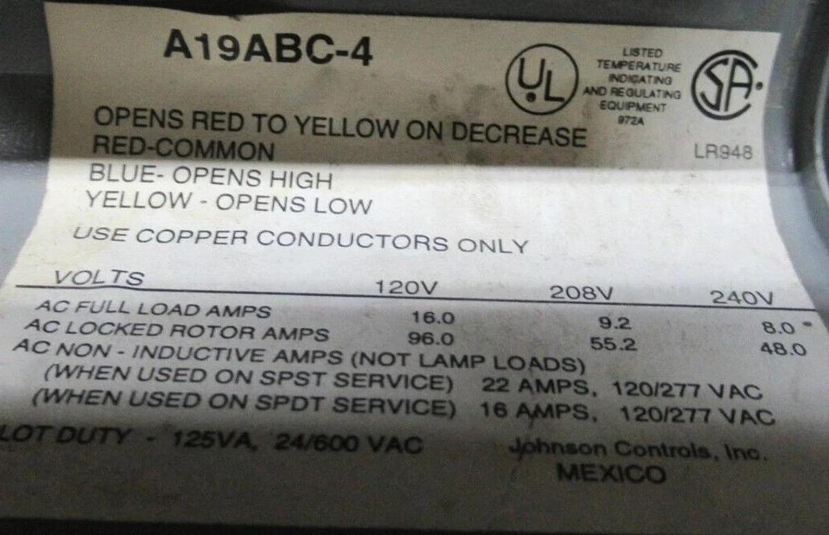 Used JOHNSON CONTROLS INDUSTRIAL THERMOSTAT A19ABC-4 277 VOLT 22 AMP **WARRANTY**