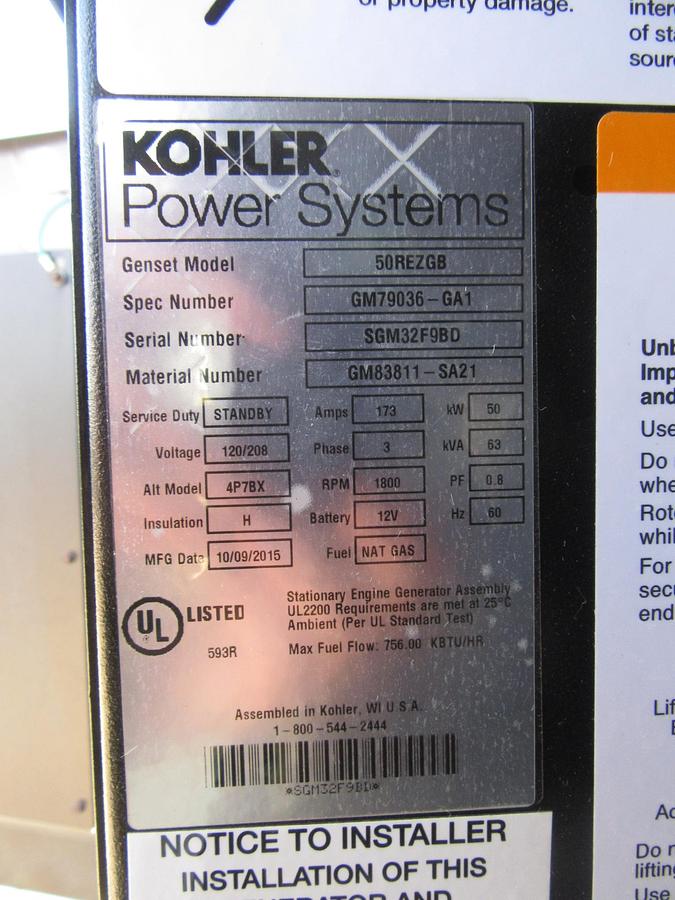 Used 50 KW GENERATOR KOHLER 5.0 NATURAL GAS / LP 120/208V 3 PH 347 HRS ENCLOSED VIDEO