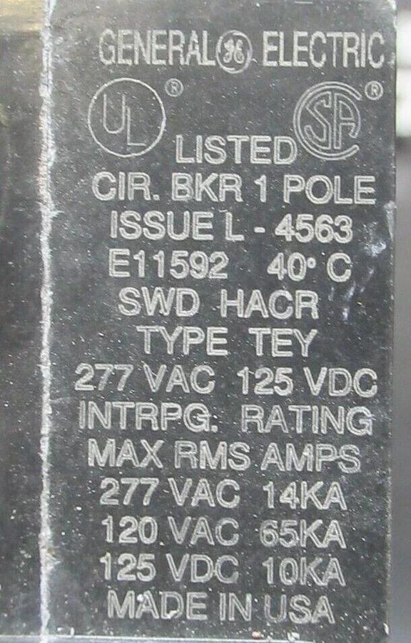 Used GE CIRCUIT BREAKER E11592 TEY 20 AMP 277 VAC SINGLE POLE **LOT OF 4**