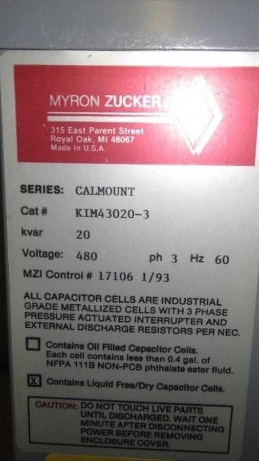 Used MYRON ZUCKER CAPACITOR CALMOUNT SERIES, KVAR 20, 480 V, 3 PHASE -- KIM43020-3